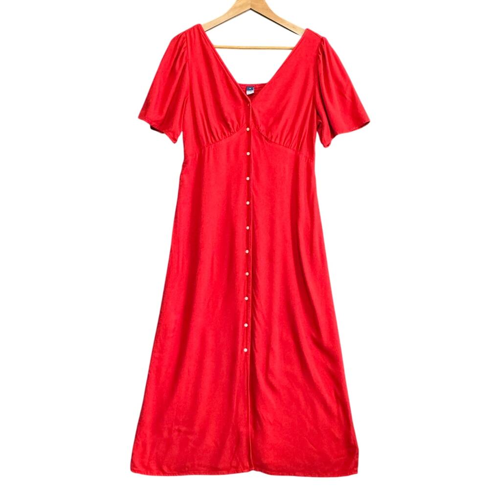 Old Navy‎ Womens Button Front Midi Dress M Red V-Neck Puff Sleeve Smocked Back